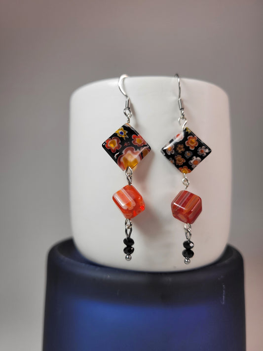 Orange and Black glass earrings