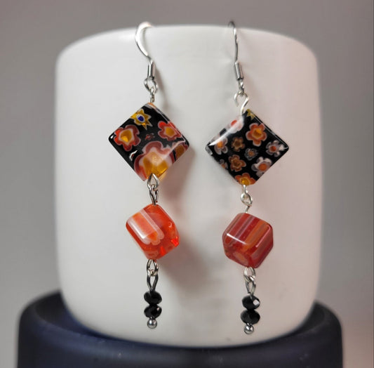 Orange and Black glass earrings